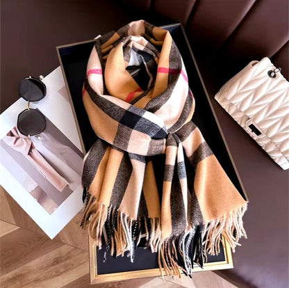 Men & Women Checked Pattern Cashmere Touch Scarf - Warm Fringe Shawl