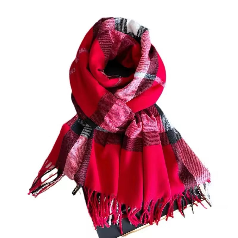 Men & Women Checked Pattern Cashmere Touch Scarf - Warm Fringe Shawl