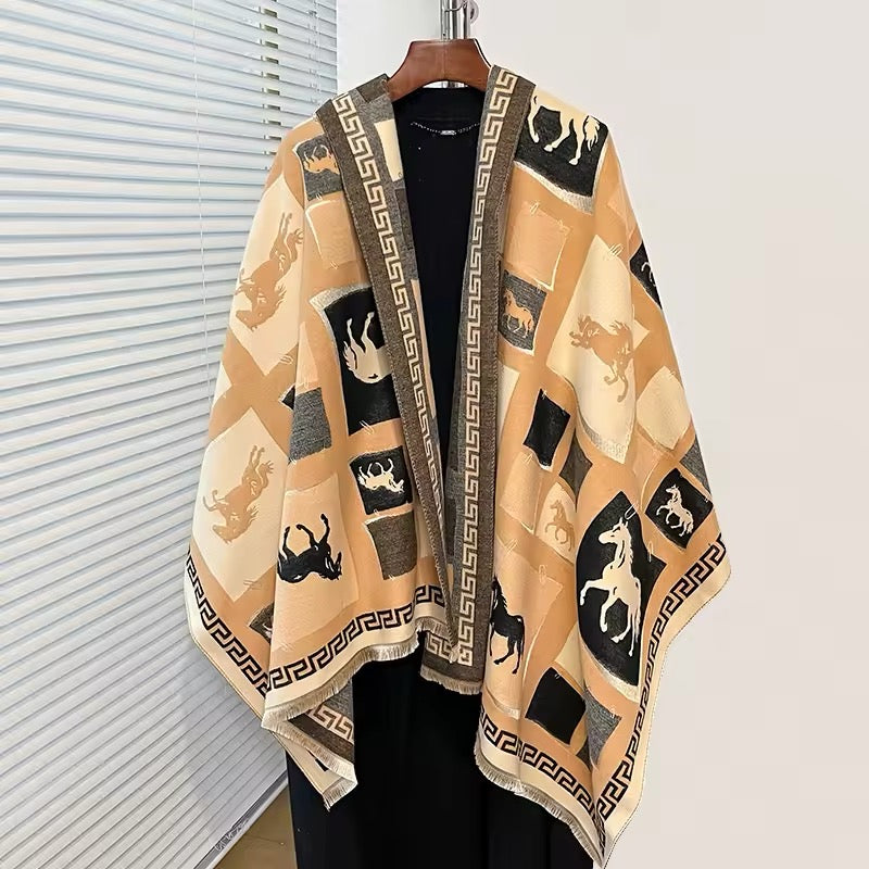Luxury Women Limited Edition Horse Design Cashmere Touch Scarf - Warm Fringe Shawl