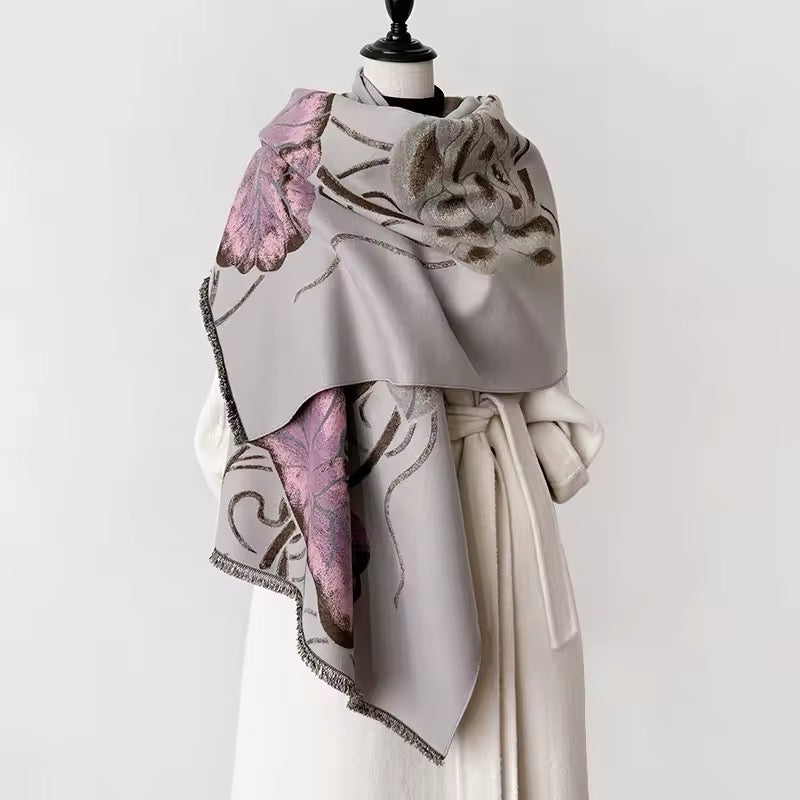 Luxury Women Floral Cashmere Touch Flower Scarf - Warm Fringe Shawl