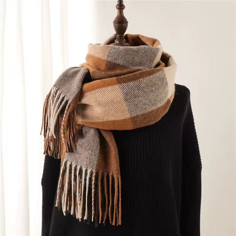 Men & Women Checked Pattern Cashmere Touch Scarf - Warm Fringe Shawl