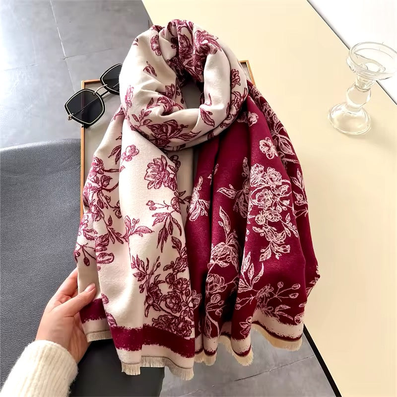 New Luxury Women Floral Double Sided Cashmere Touch Scarf - Warm Fringe Pashmina Shawl Bufanda UK