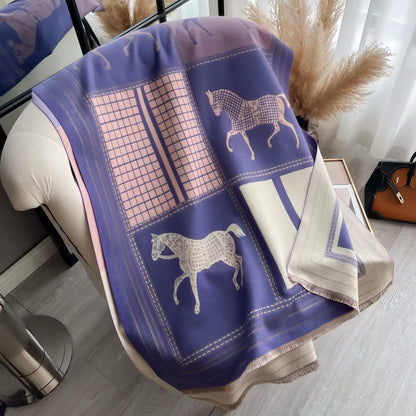 Luxury Women Limited Edition Horse Design Cashmere Touch Scarf - Warm Fringe Shawl