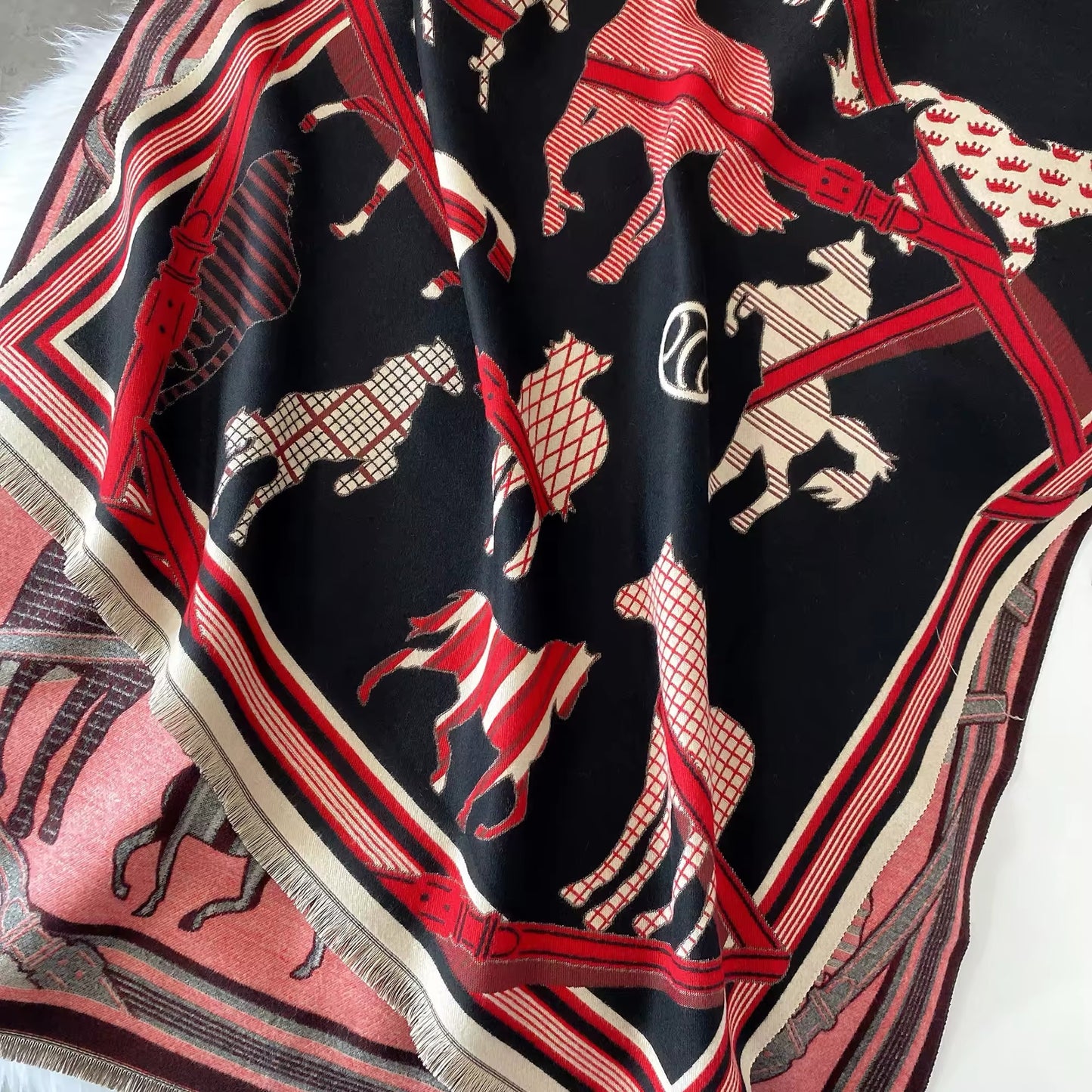 Luxury Women Limited Edition Horse Design Cashmere Touch Scarf - Warm Fringe Shawl