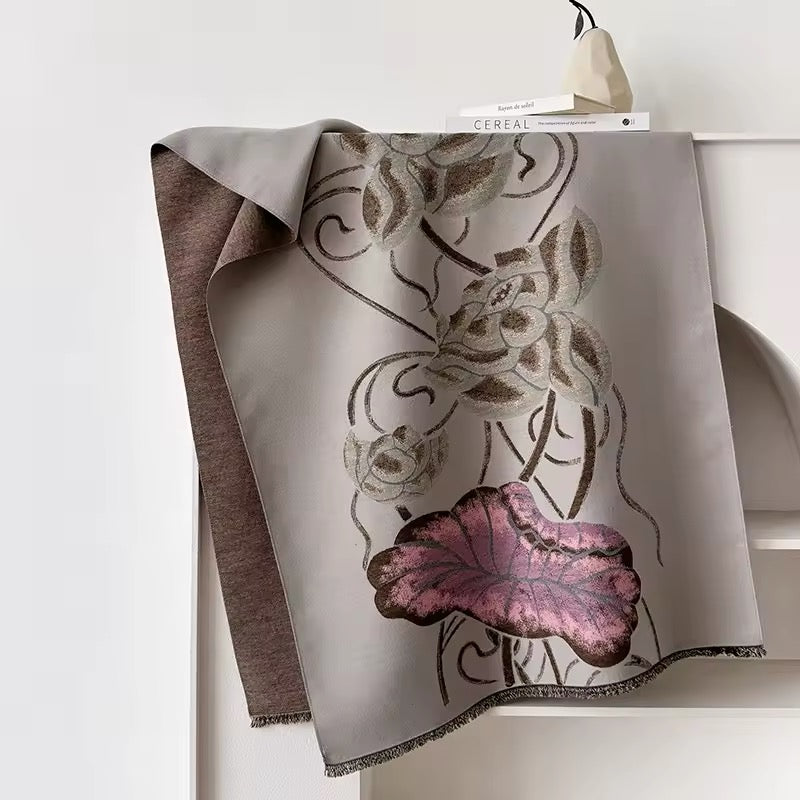 Luxury Women Floral Cashmere Touch Flower Scarf - Warm Fringe Shawl