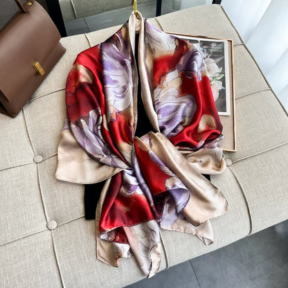 Satin Shawls Autumn Colour Print Luxury Silk Scarf Scarves Women Silk Satin