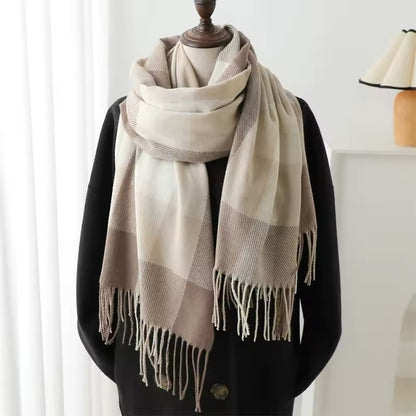 Men & Women Checked Pattern Cashmere Touch Scarf - Warm Fringe Shawl