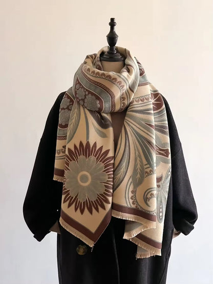 Luxury Women Floral Cashmere Touch Flower Scarf - Warm Fringe Shawl
