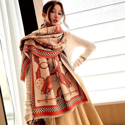 Luxury Women Limited Edition Horse Design Cashmere Touch Scarf - Warm Fringe Shawl