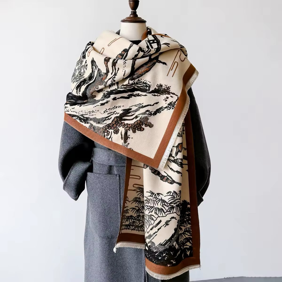 Luxury Women Floral Cashmere Touch Landscape Scarf - Warm Fringe Shawl