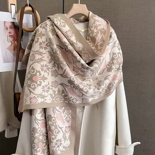 Luxury Women Classic Pashmina Double Sided Cashmere Touch Scarf - Warm Fringe Women Floral Shawl