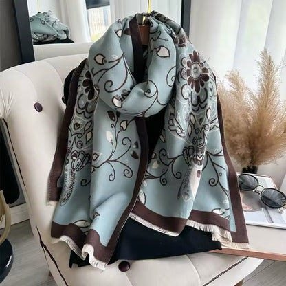 Luxury Women Floral Cashmere Touch Flower Scarf - Warm Fringe Shawl