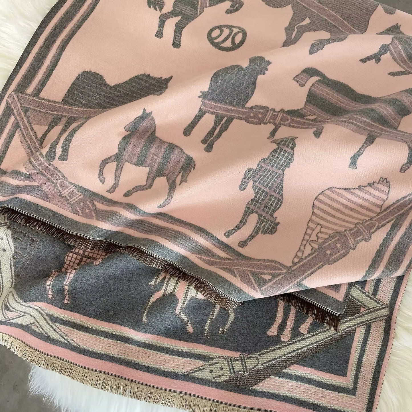Luxury Women Limited Edition Horse Design Cashmere Touch Scarf - Warm Fringe Shawl