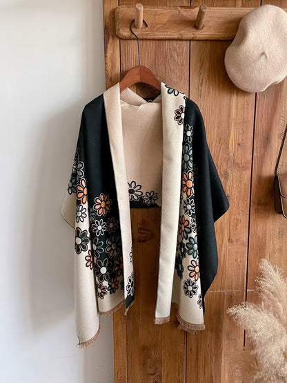 Luxury Women Floral Cashmere Touch Flower Scarf - Warm Fringe Shawl