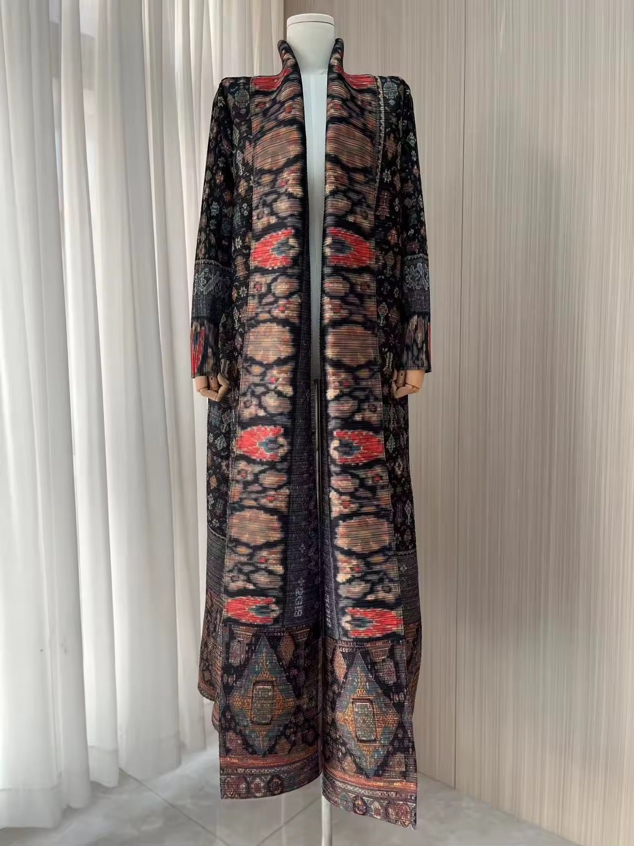 Women Split Abaya Vintage Printed Design Lapel Long Sleeved Open Front Cardigan Loose Big Collar