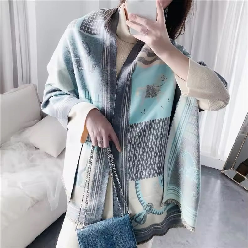 Luxury Women Limited Edition Horse Design Cashmere Touch Scarf - Warm Fringe Shawl