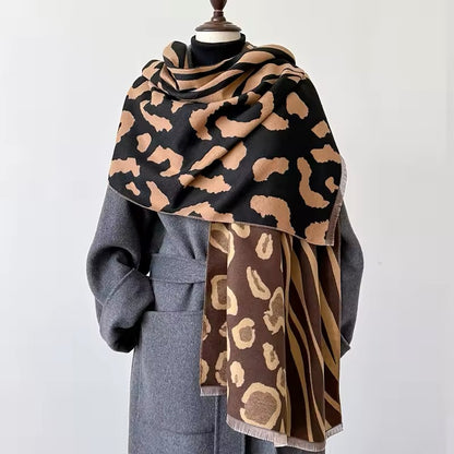 Tiger and Leopard Print Scarf Thickened Warm Cashmere Double Sided Shawl Women Allure