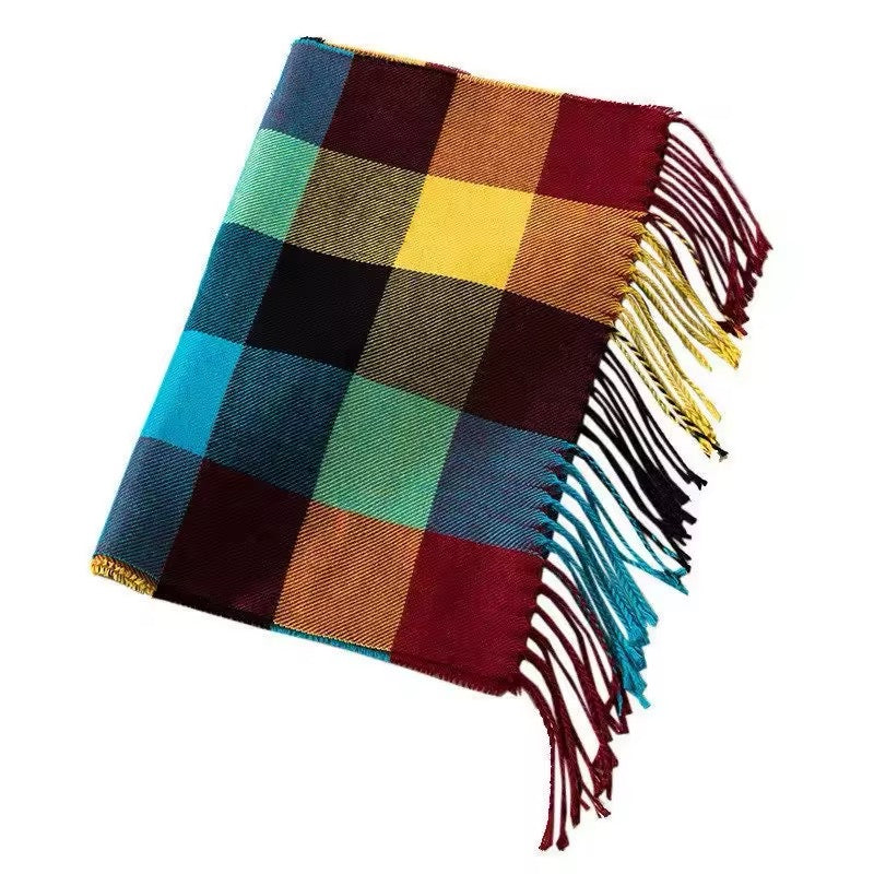 Men &  Women Checked Pattern Cashmere Touch Scarf - Warm Fringe Shawl