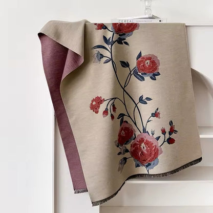 Luxury Women Floral Cashmere Touch Flower Scarf - Warm Fringe Shawl