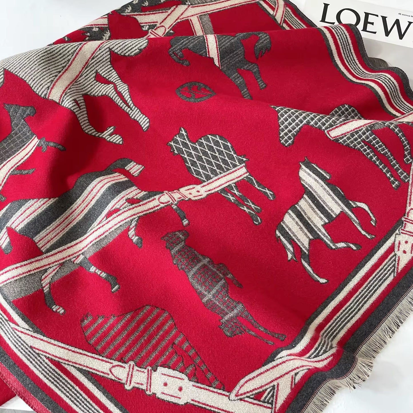 Luxury Women Limited Edition Horse Design Cashmere Touch Scarf - Warm Fringe Shawl