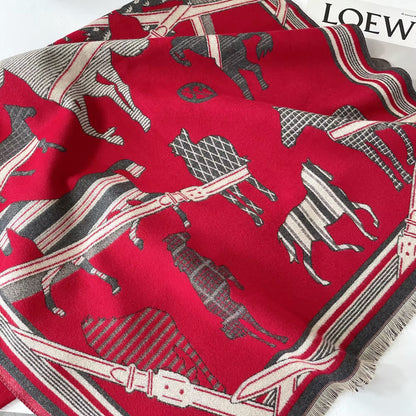 Luxury Women Limited Edition Horse Design Cashmere Touch Scarf - Warm Fringe Shawl