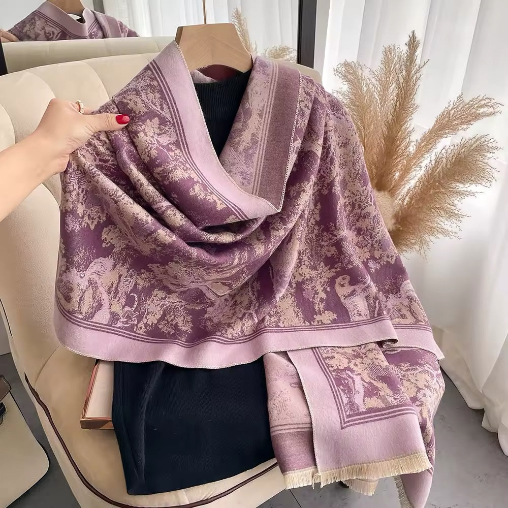Luxury Women Floral Cashmere Touch Flower Scarf - Warm Fringe Shawl