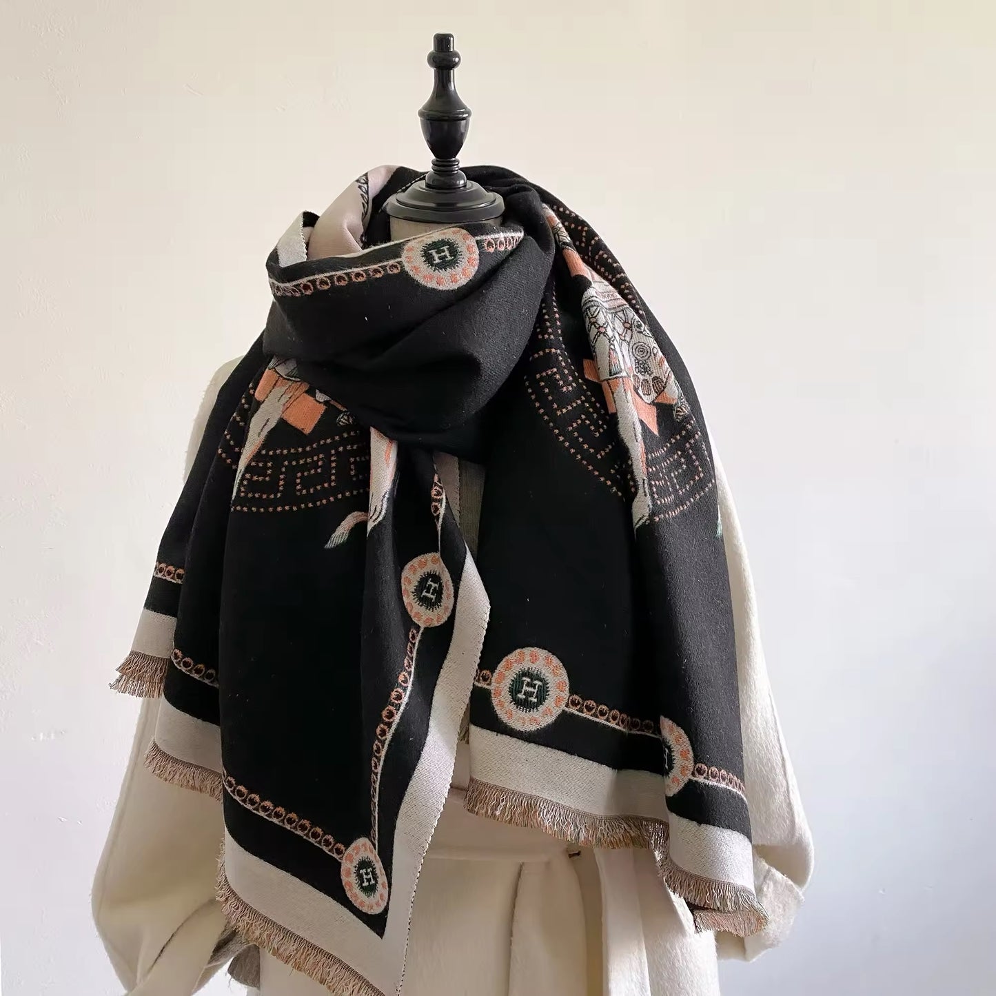 Luxury Women Limited Edition Horse Design Cashmere Touch Scarf - Warm Fringe Shawl
