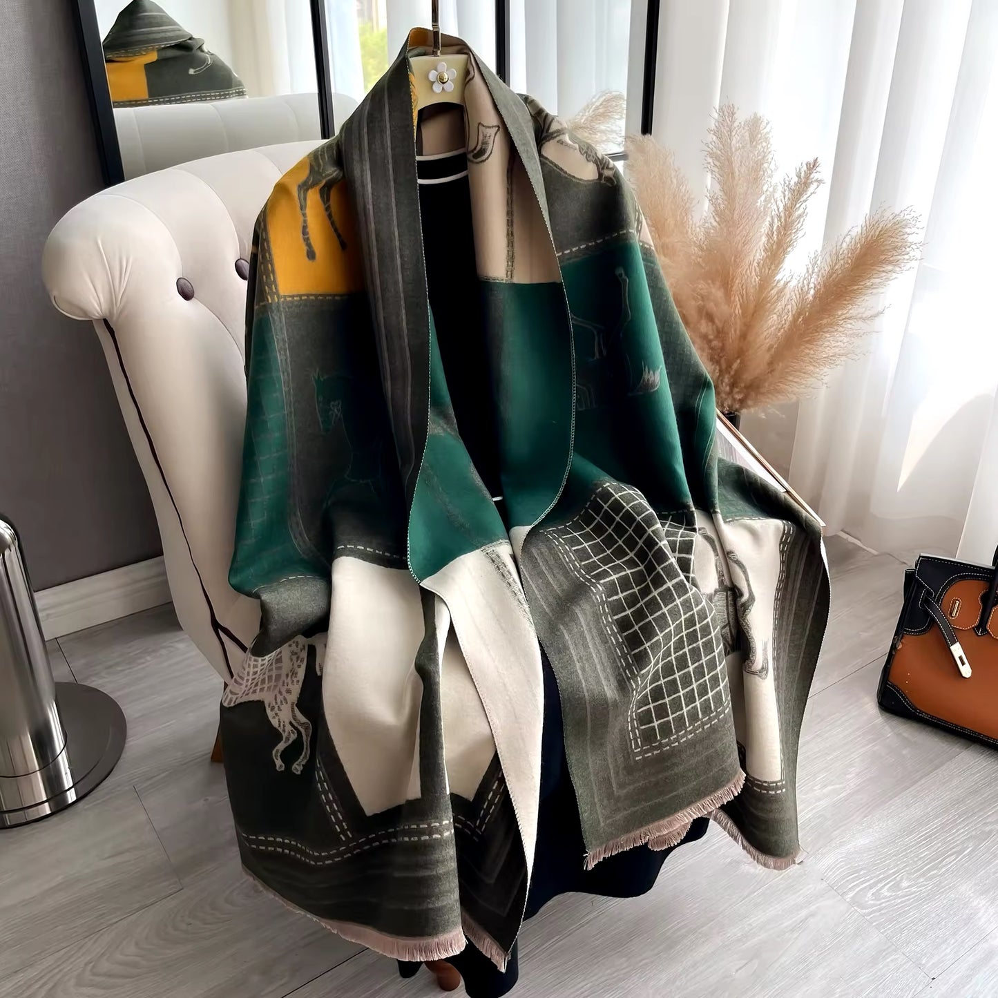 Luxury Women Limited Edition Horse Design Cashmere Touch Scarf - Warm Fringe Shawl