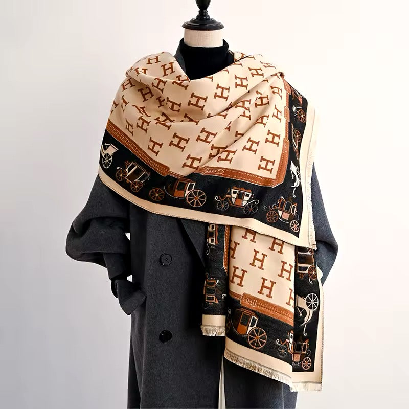 Luxury Women Limited Edition Horse Design Cashmere Touch Scarf - Warm Fringe Shawl