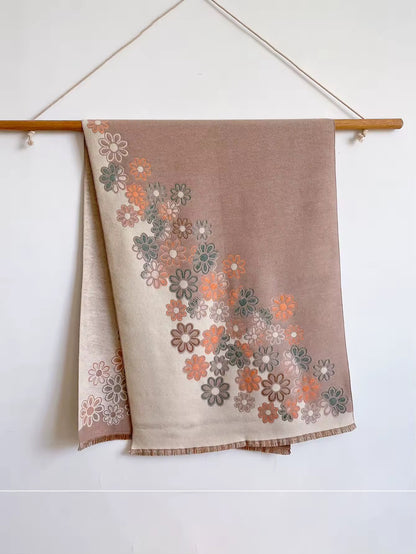 Luxury Women Floral Cashmere Touch Flower Scarf - Warm Fringe Shawl