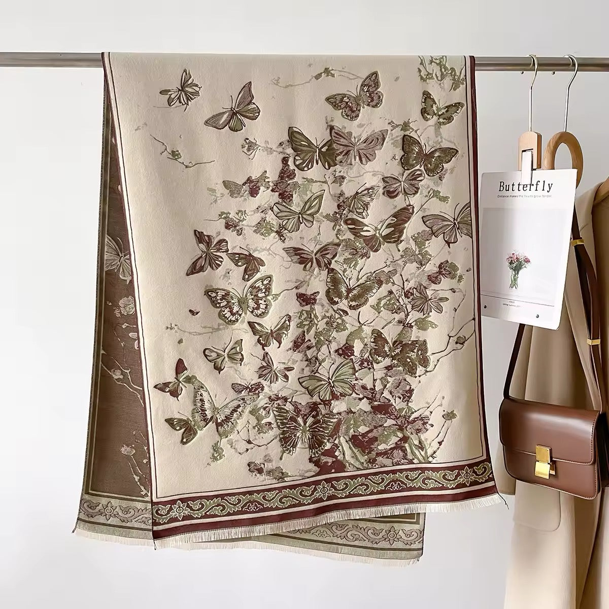 Luxury Women Floral Cashmere Touch Double Sided Butterfly Scarf - Warm Fringe Shawl