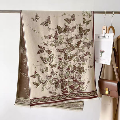 Luxury Women Floral Cashmere Touch Double Sided Butterfly Scarf - Warm Fringe Shawl