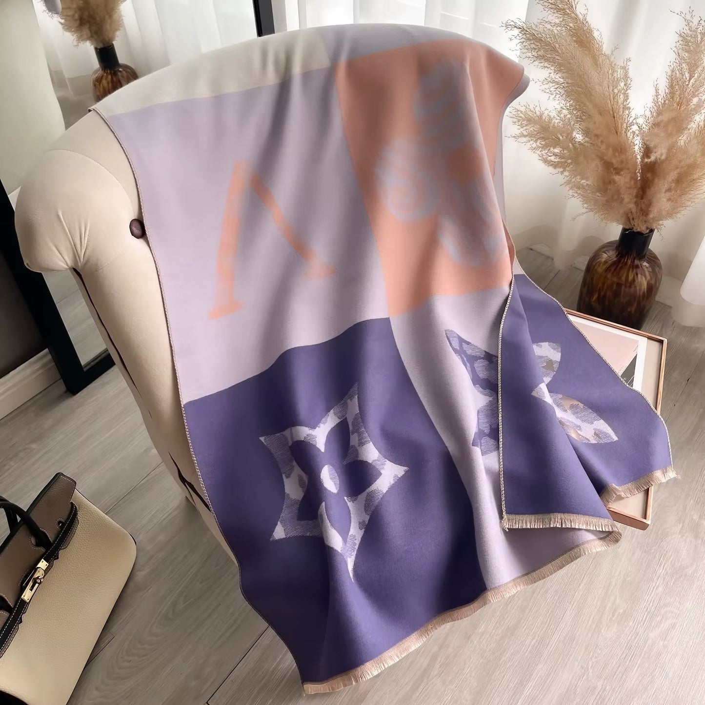 Luxury Women Floral Cashmere Touch Flower Scarf - Warm Fringe Shawl