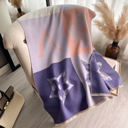 Luxury Women Floral Cashmere Touch Flower Scarf - Warm Fringe Shawl