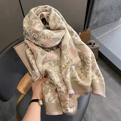 Luxury Women Classic Pashmina Double Sided Cashmere Touch Scarf - Warm Fringe Women Floral Shawl