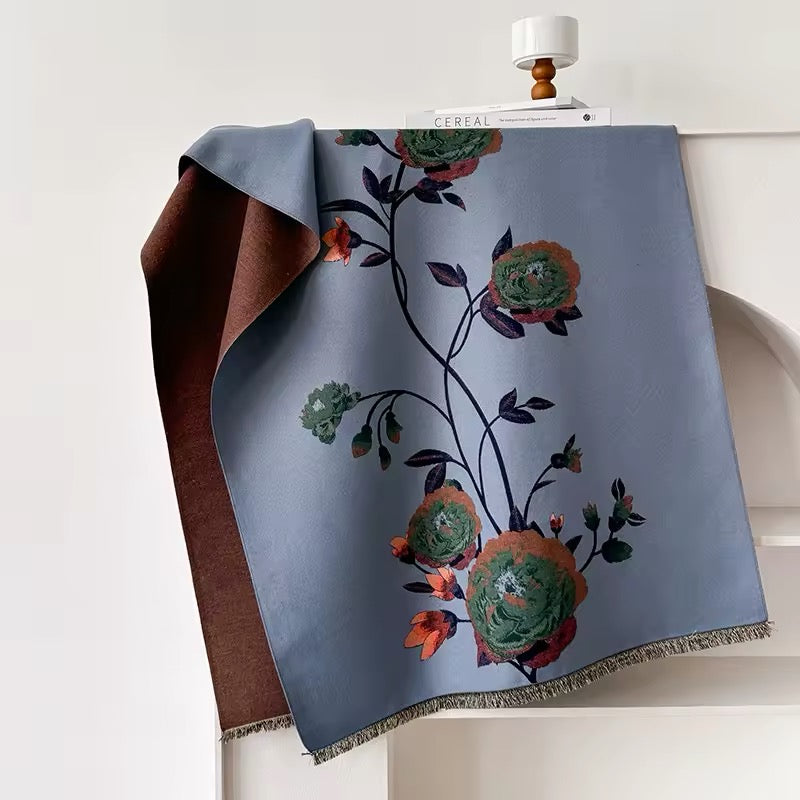 Luxury Women Floral Cashmere Touch Flower Scarf - Warm Fringe Shawl