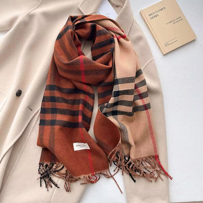 Men & Women Checked Pattern Cashmere Touch Scarf - Warm Fringe Shawl