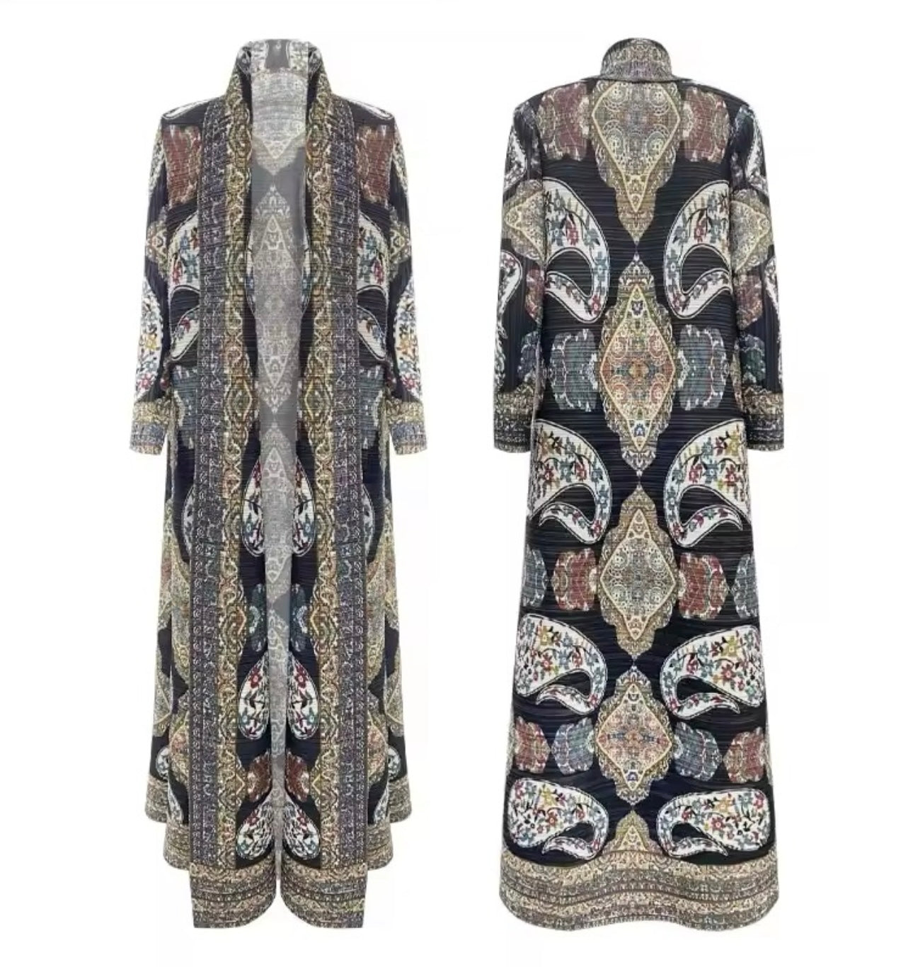 Women Split Abaya Vintage Printed Design Lapel Long Sleeved Open Front Cardigan Loose Big Collar