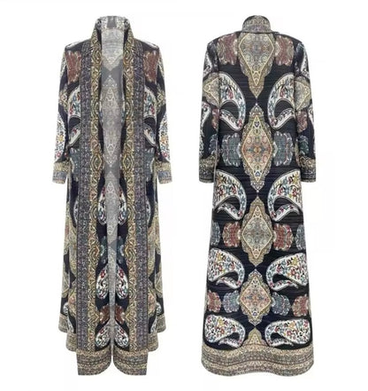 Women Split Abaya Vintage Printed Design Lapel Long Sleeved Open Front Cardigan Loose Big Collar