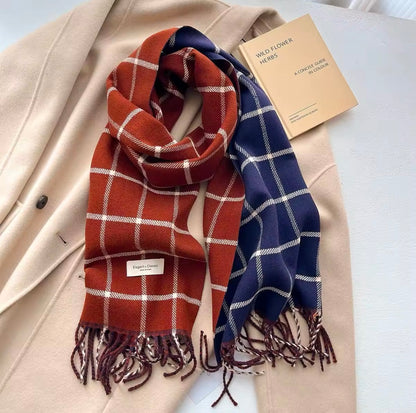Men & Women Checked Pattern Cashmere Touch Scarf - Warm Fringe Shawl
