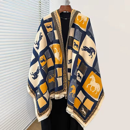 Luxury Women Limited Edition Horse Design Cashmere Touch Scarf - Warm Fringe Shawl