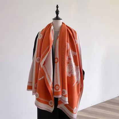 Luxury Women Limited Edition Horse Design Cashmere Touch Scarf - Warm Fringe Shawl
