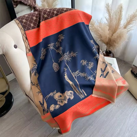 Luxury Women Floral Cashmere Touch Flower Scarf - Warm Fringe Shawl