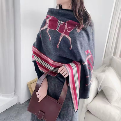 Luxury Women Limited Edition Horse Design Cashmere Touch Scarf - Warm Fringe Shawl