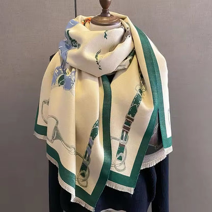 Luxury Women Limited Edition Horse Design Cashmere Touch Scarf - Warm Fringe Shawl