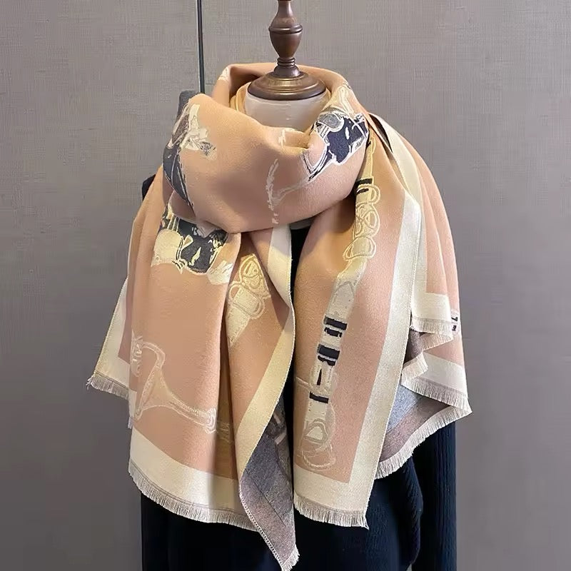 Luxury Women Limited Edition Horse Design Cashmere Touch Scarf - Warm Fringe Shawl