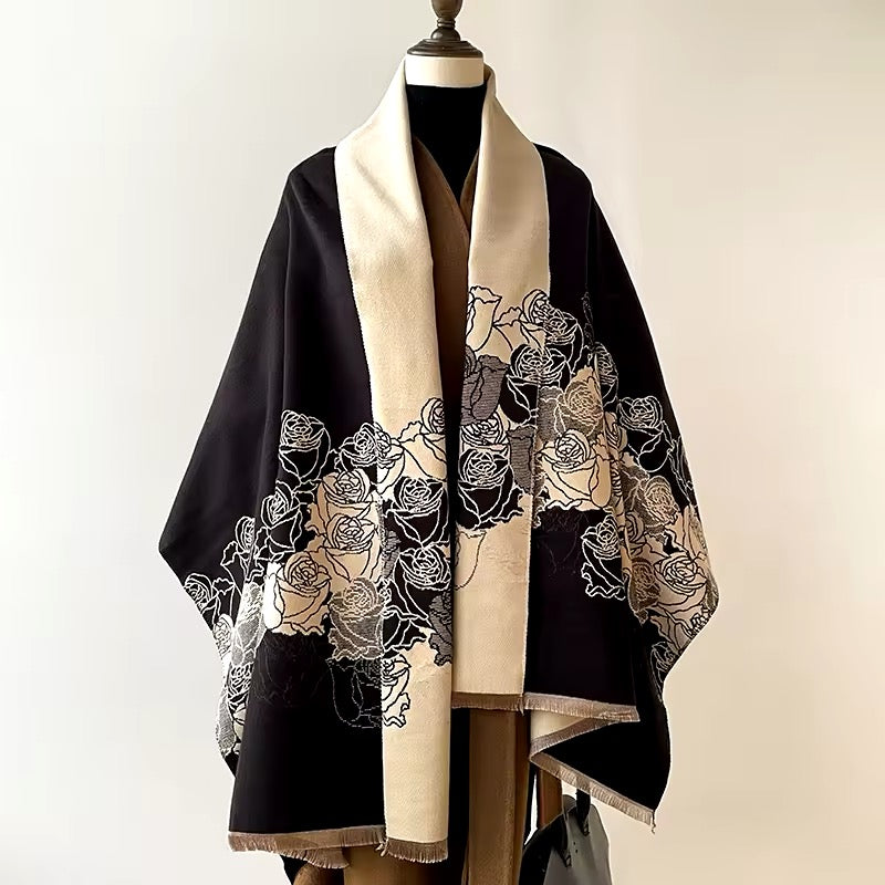 Luxury Women Floral Cashmere Touch Flower Scarf - Warm Fringe Shawl