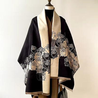 Luxury Women Floral Cashmere Touch Flower Scarf - Warm Fringe Shawl