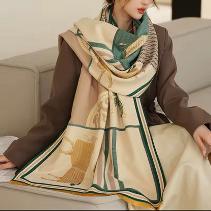 Luxury Women Limited Edition Horse Design Cashmere Touch Scarf - Warm Fringe Shawl