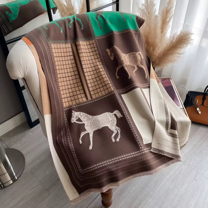 Luxury Women Limited Edition Horse Design Cashmere Touch Scarf - Warm Fringe Shawl